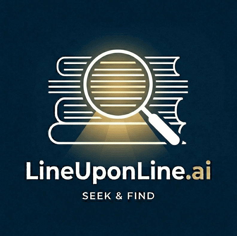 LineUponLine.ai scripture lookup artwork: navy field with gold line accents and integrated wordmark.